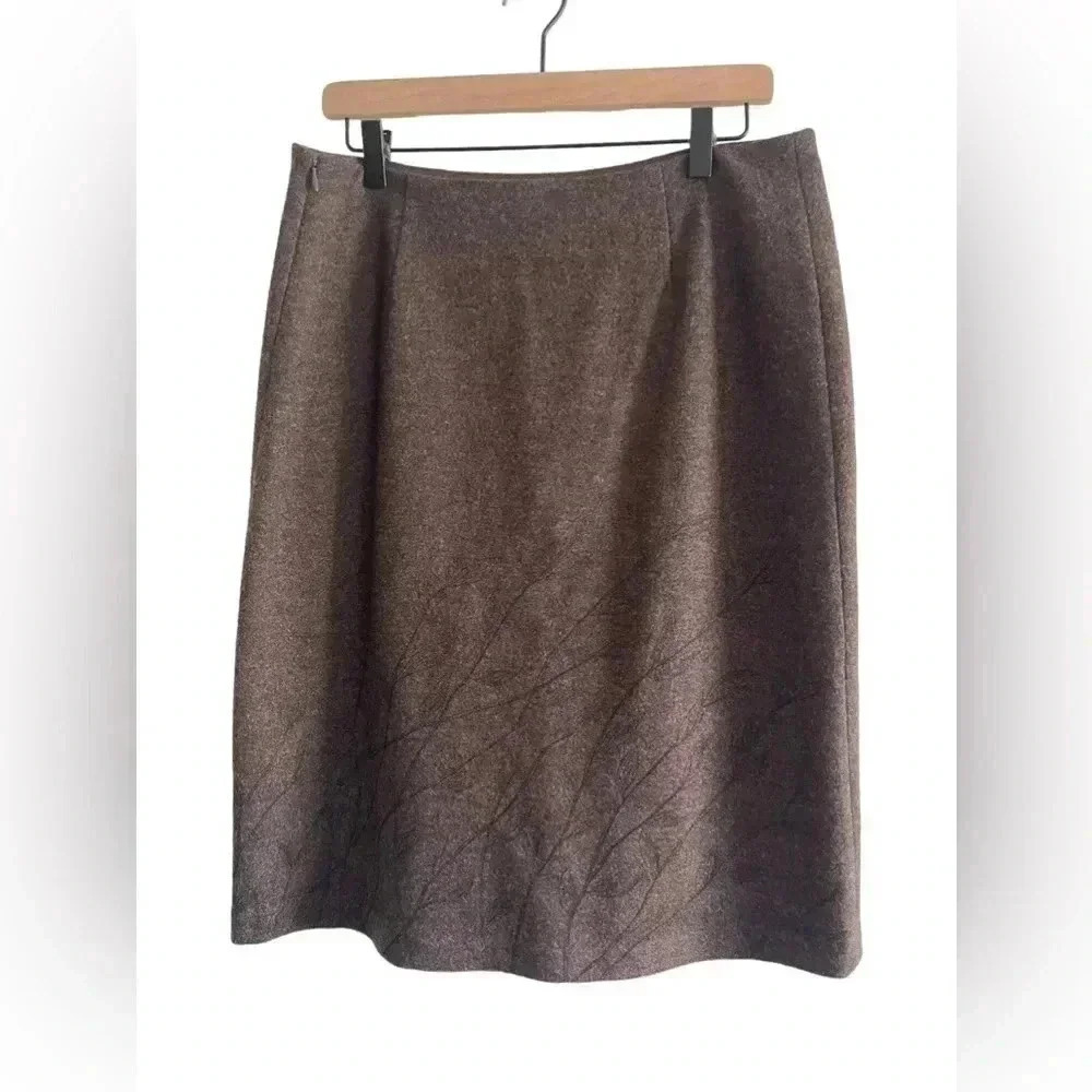 BROOKS BROTHERS Wool Slit Lined Pencil Skirt Size 14 Brown Floral Stitching